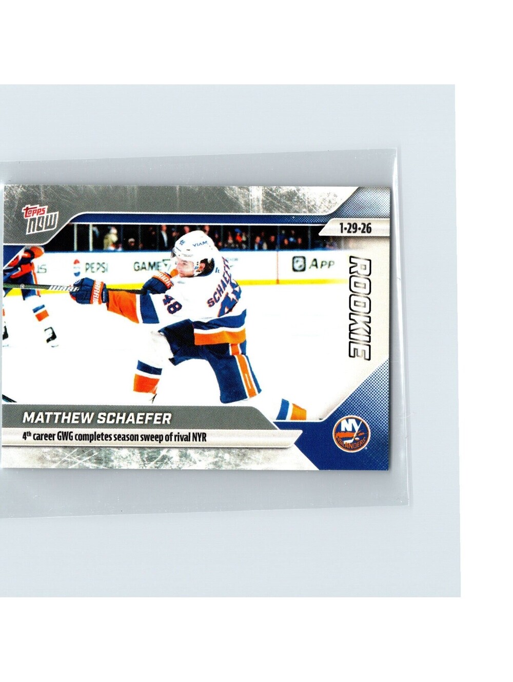 2025-26 Topps Now NHL - Matthew Schaefer RC #100 - 4th GWG Sweeps Rival Rangers